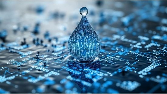  Digital water drop icon features cascading binary code, symbolizing the fusion of technology and nature, representing data flow and innovation in the digital age